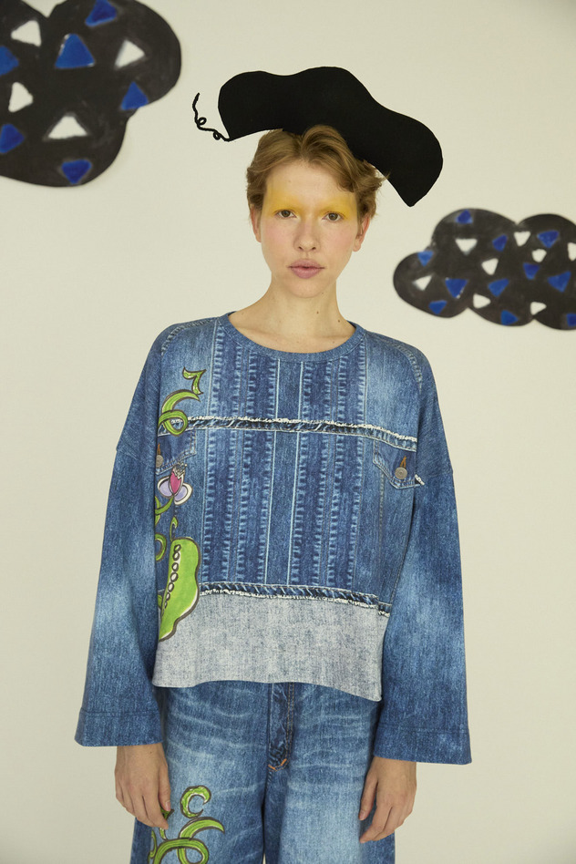 65.Bean denim print tops 詳細画像 blue 1