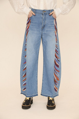 FRINGE PRINT DENIM PANTS