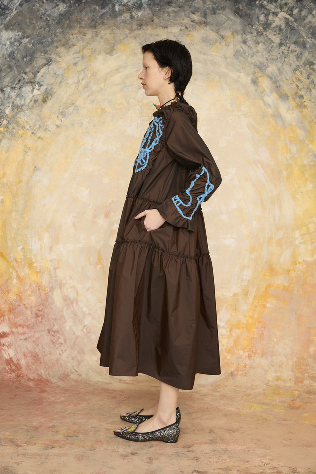 SHIRRING EMBROIDERY TAFFETA DRESS 詳細画像 brown 10