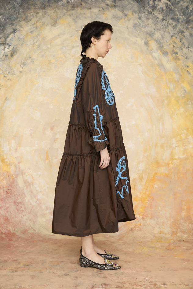 SHIRRING EMBROIDERY TAFFETA DRESS 詳細画像 brown 12