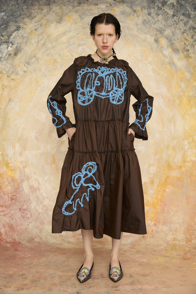 SHIRRING EMBROIDERY TAFFETA DRESS 詳細画像 brown 5