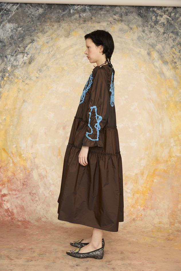SHIRRING EMBROIDERY TAFFETA DRESS 詳細画像 brown 9