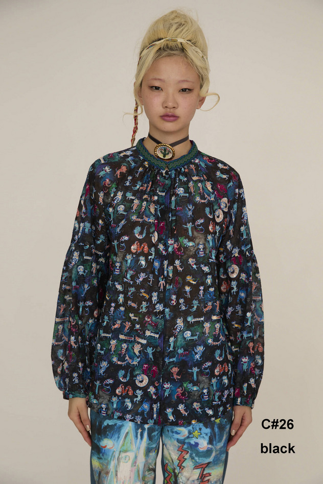 MANY FUNNY CATS COTTON BLOUSE 詳細画像 black 1